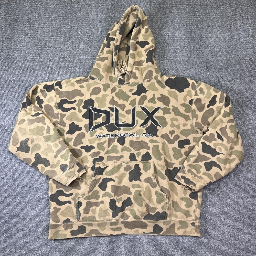 DUX Waterfowl Co Hoodie Mens Large Beige Camo Fleece Pullover Hunting Sweatshirt